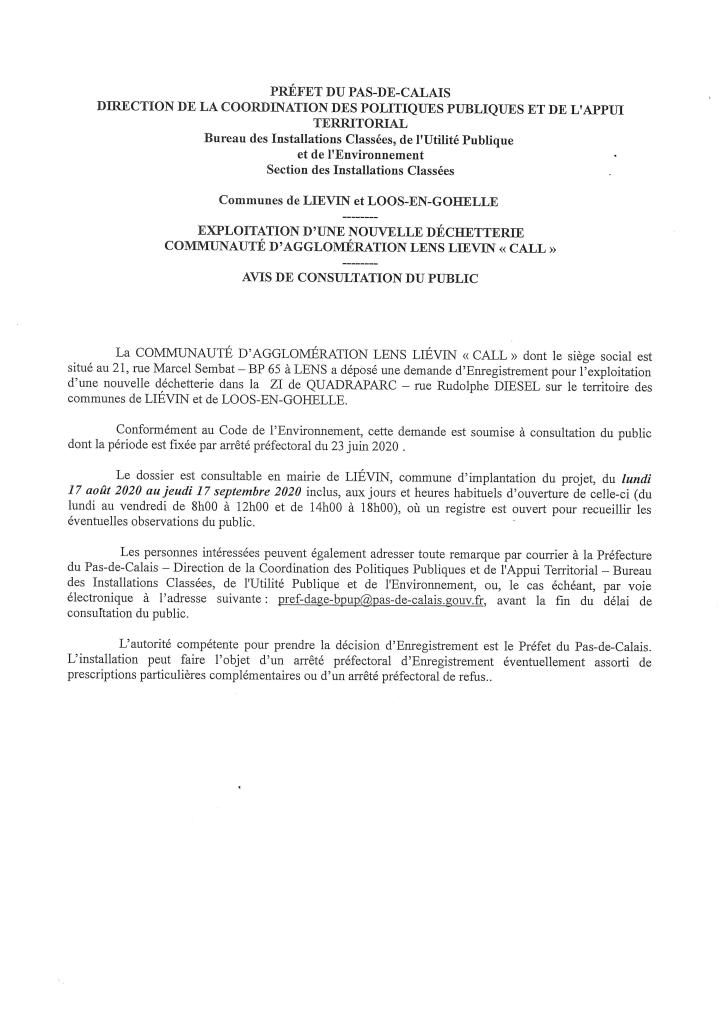 Avis de consultation du public – Exploitation d’une nouvelle déchetterie – Communauté d’Agglomération Lens Liévin CALL