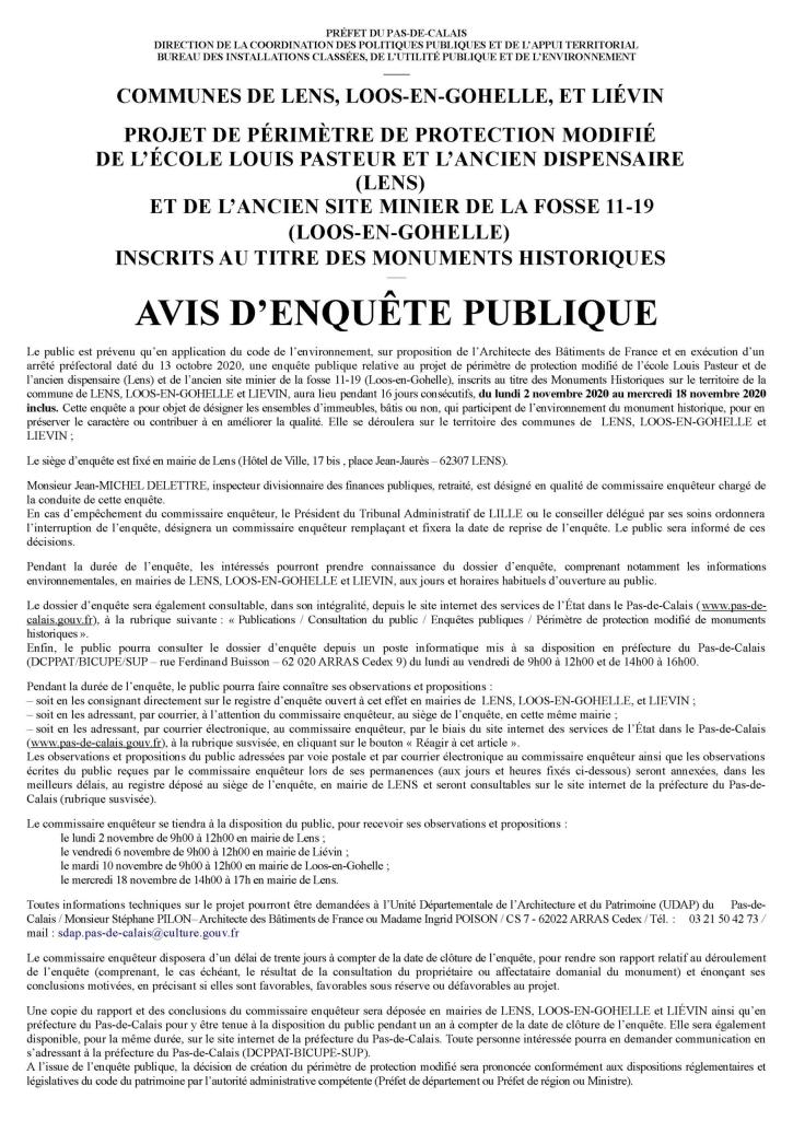 Projet de périmètre de protection modifié de l’école Louis Pasteur et de l’ancien dispensaire (Lens) et de l’ancien site minier de la fosse 11-19 (Loos-en-Gohelle) inscrits au titre des monuments historiques